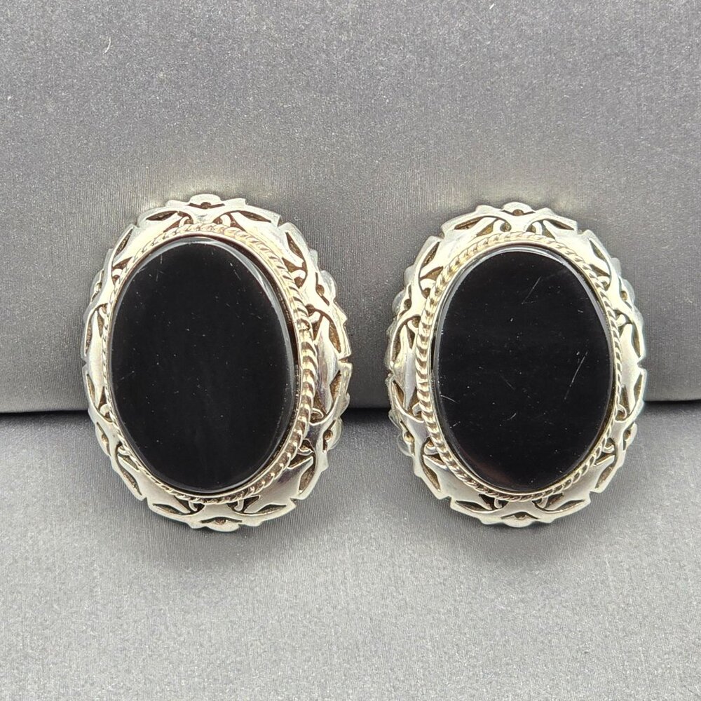 VTG Taxco Sterling Silver & Black Onyx Filigree Clip-On Earrings 1.25" TS-14 - Picture 1 of 12